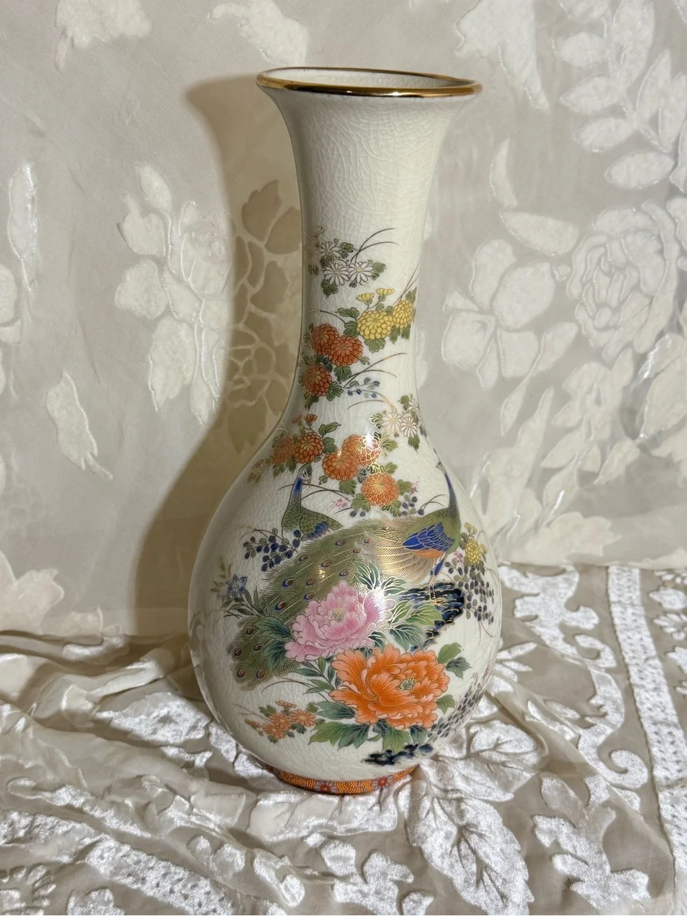 Vintage Japanese Satsuma-Style Peacock & Floral Porcelain Vase – Homberger’s 12”